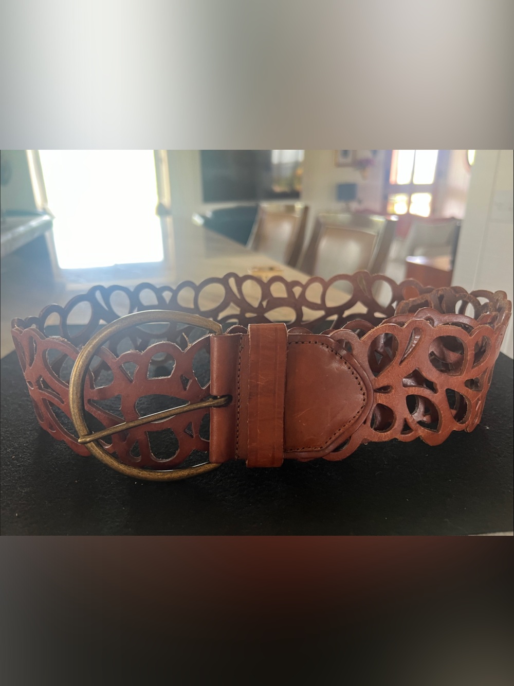 Garnet Hill Brown Laser-Cut Leather Belt with Brass-Tone Round Buckle